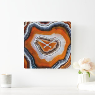 Oranje Terracotta Zwart Grijs Wit Agaat Geode Vierkante Klok