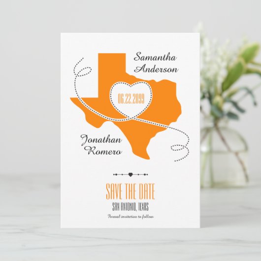 Oranje Texas Curling Ribbon Save the Date (Staand voorkant)