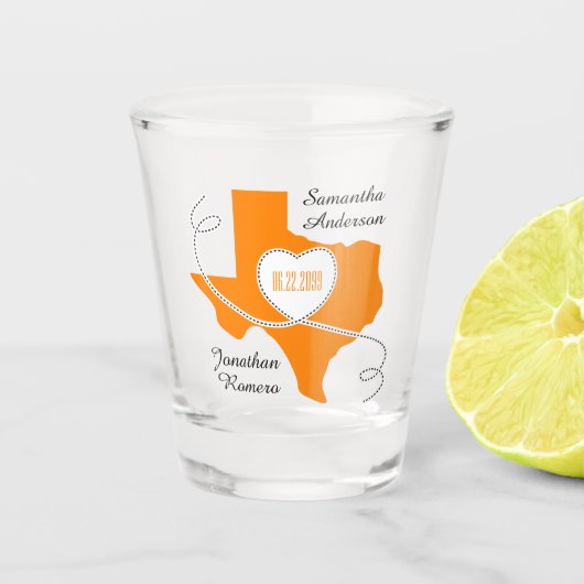 Oranje Texas Curling Ribbon Wedding Date Shot Glas (Voorkant)