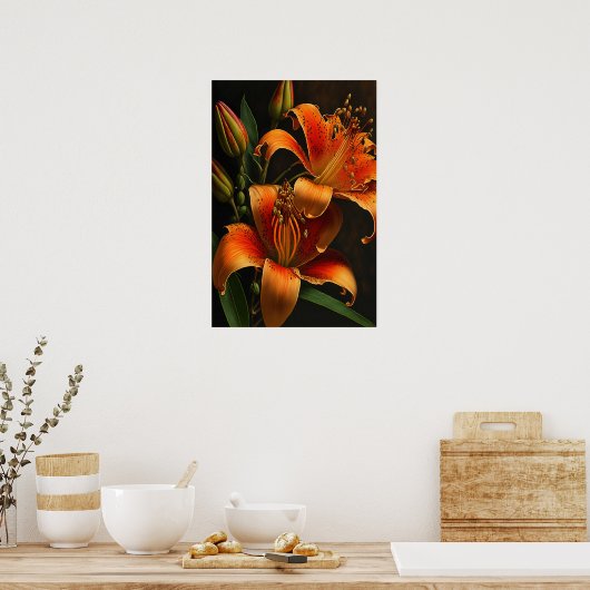 Oranje Tijger Lelie Bloemen Art Print Poster (Keuken)
