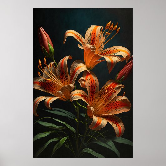 Oranje Tijger Lelies Bloemenkunst Print Poster (Voorkant)
