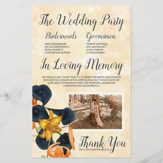 Oranje tijgerlelies, blauwe lelies bruiloft progra (Achterkant)