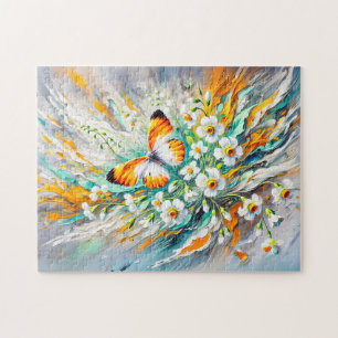 Oranje tip vlinder met narcissen olieverfschilderi legpuzzel