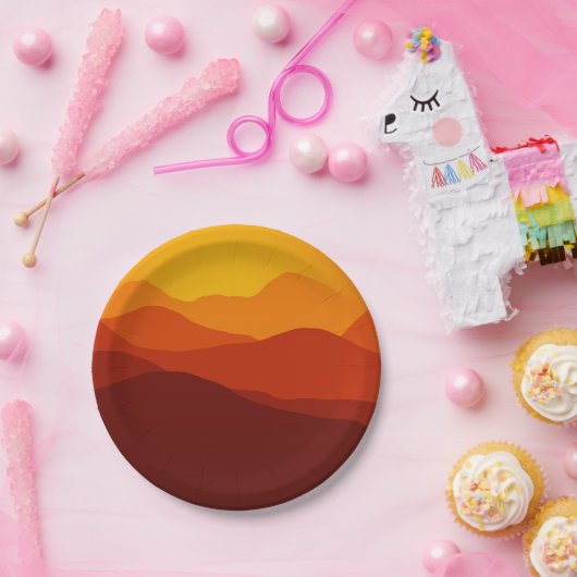 Oranje Tonen Sunset over Mountain Silhouettes Papieren Bordje (Feest)