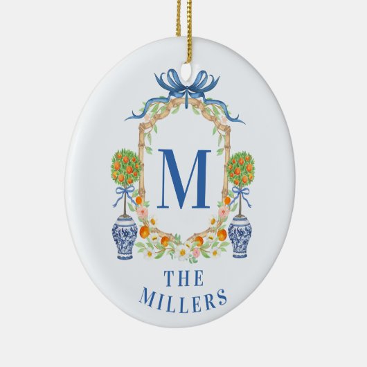 Oranje Topiary Chinoiserie Monogram Adres Keramisch Ornament (Rechts)
