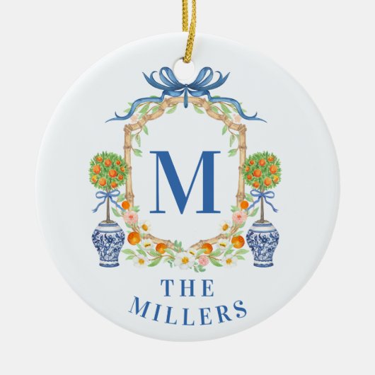 Oranje Topiary Chinoiserie Monogram Adres Keramisch Ornament (Voorkant)