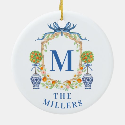 Oranje Topiary Chinoiserie Monogram Adres Keramisch Ornament (Achterkant)