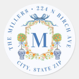 Oranje Topiary Chinoiserie Monogram Adres Ronde Sticker