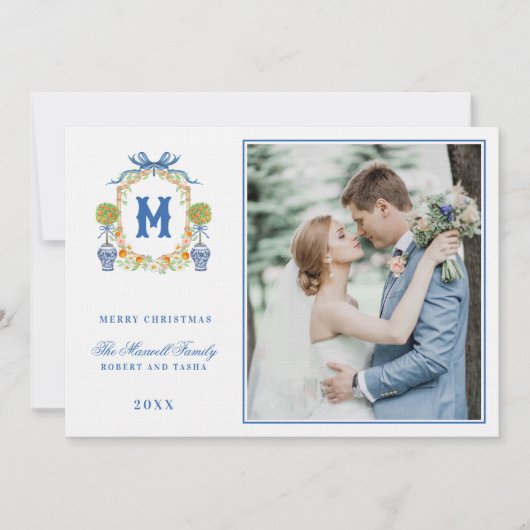 Oranje Topiary in Chinoiserie Pot Crest Monogram Kaart (Voorkant)