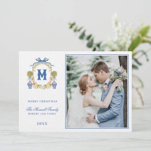 Oranje Topiary in Chinoiserie Pot Crest Monogram Kaart (Staand voorkant)