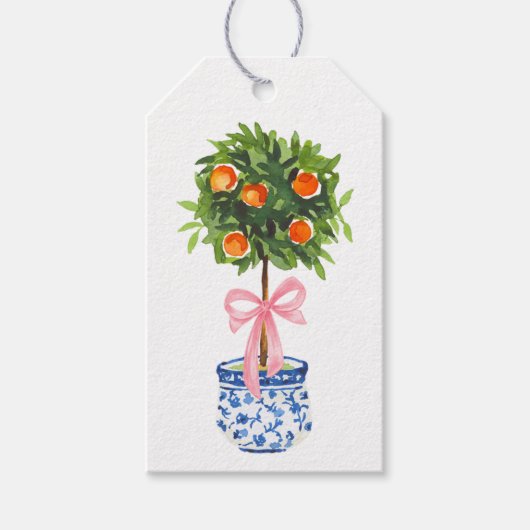 Oranje Topiary Tree, Roze Bow Custom Gift Labels Cadeaulabel (Voorkant)