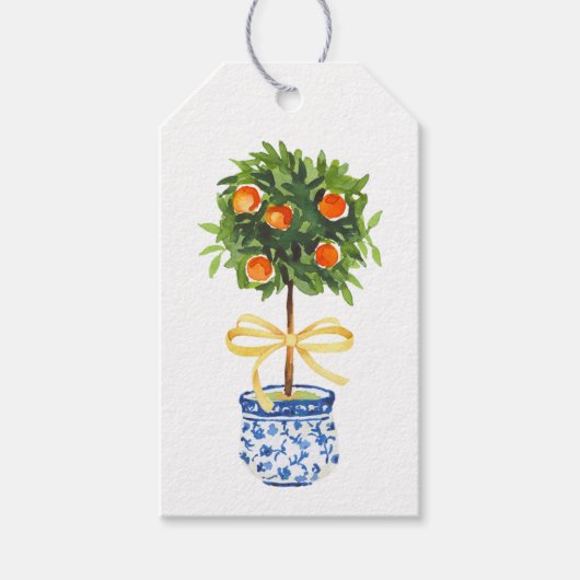 Oranje Topiary Tree, Yellow Bow Custom Gift Labels Cadeaulabel (Voorkant)
