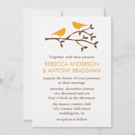 Oranje Tortelduifjes op een Tak-bruiloft Kaart (Voorkant)