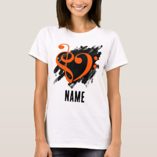 Oranje Treble Clef Bass Clef Heart Gepersonaliseer T-shirt