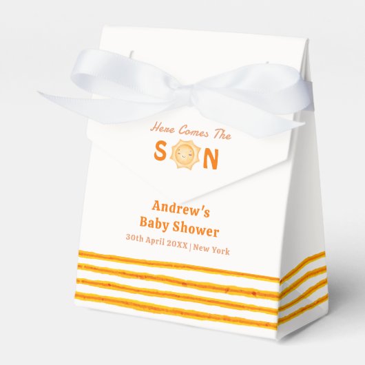 Oranje trendy hier komt het Son Baby shower Bedankdoosjes (Voorkant Zijde)