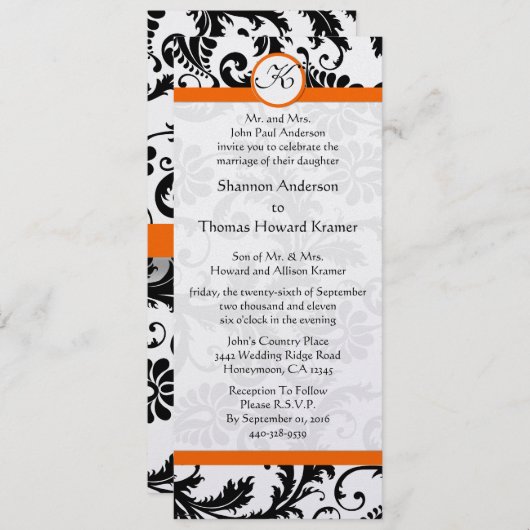Oranje trim Black en White Damask Wedding Invite Kaart (Voorkant / Achterkant)