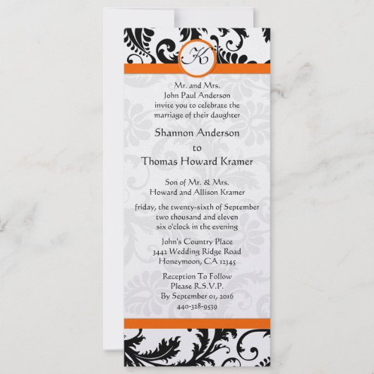 Oranje trim Black en White Damask Wedding Invite Kaart (Voorkant)