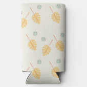 Oranje tropische bladeren op roze seltzer blikjeskoeler (Achterkant)