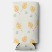 Oranje tropische bladeren op roze seltzer blikjeskoeler (Voorkant)