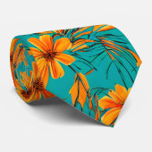 Oranje tropische bloemen | Turquoise Stropdas (Opgerold)