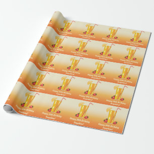 Oranje tropische Drink en aardbeien Verjaardag Cadeaupapier