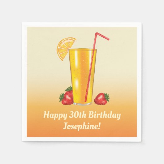 Oranje tropische Drink en aardbeien Verjaardag Servet (Voorkant)
