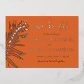 Oranje tropische palmblad bruiloft bewaar de datum folie uitnodiging (Voorkant)