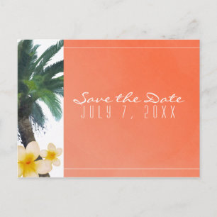 Oranje Tropische Palmboom & Plumeria Save the Date Aankondigingskaart