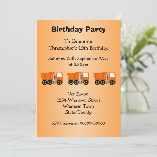 Oranje Truck Design Boy's verjaardagsfeestje Kaart (Staand voorkant)