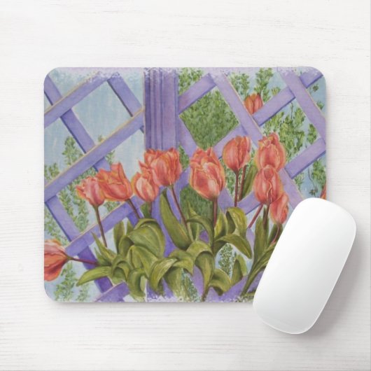 ORANJE TULIPS MET PAARSE LATTICE MOUSEPAD MUISMAT (Met muis)