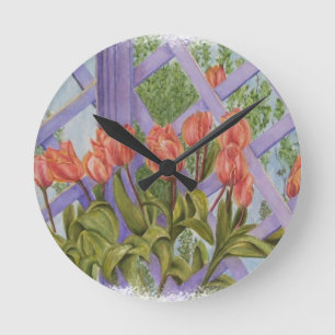 ORANJE TULIPS OP PAARSE LATTICE CLOCK RONDE KLOK