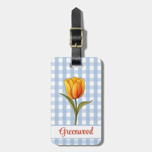 Oranje Tulp, Blauwe Gingham, Op Maat Bagagelabel (Voorkant verticaal)