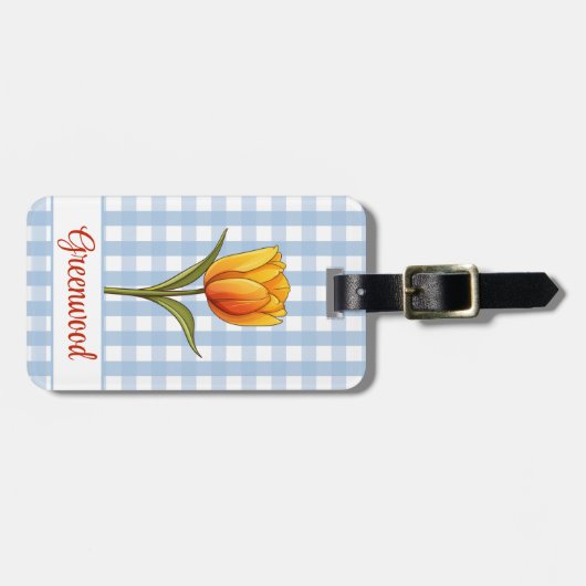 Oranje Tulp, Blue Gingham, Custom Bagagelabel (Voorkant horizontaal)