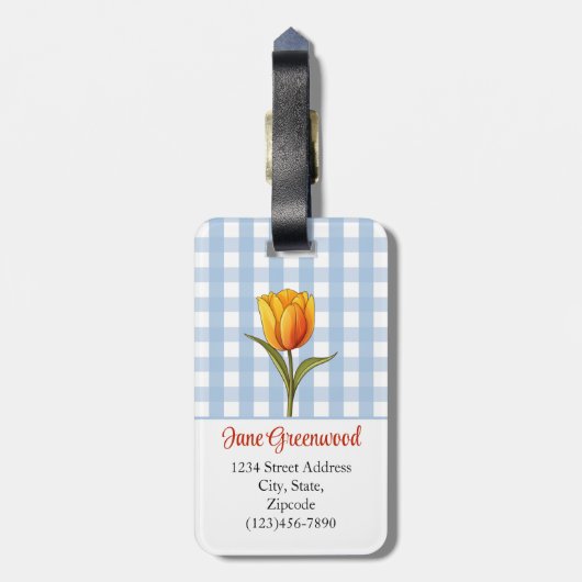 Oranje Tulp, Blue Gingham, Custom Bagagelabel (Achterkant verticaal)