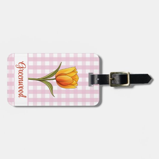 Oranje Tulp, Roze Gingham, Custom Bagagelabel (Voorkant horizontaal)