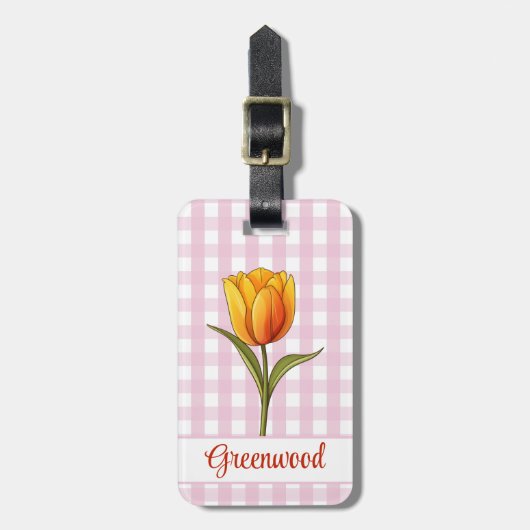 Oranje Tulp, Roze Gingham, Op Maat Bagagelabel (Voorkant verticaal)