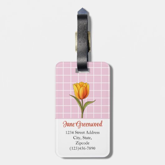 Oranje Tulp, Roze Wit Raster, Custom Bagagelabel (Achterkant verticaal)