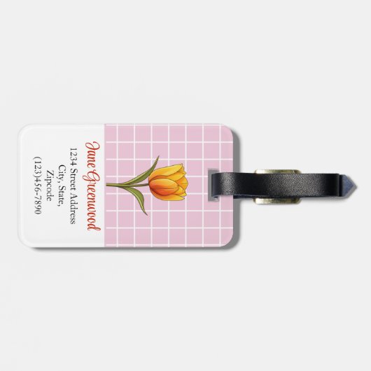 Oranje Tulp, Roze Wit Raster, Custom Bagagelabel (Achterkant horizontaal)