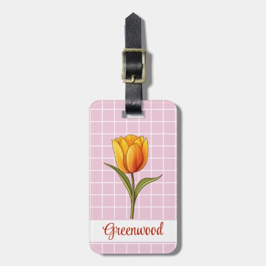 Oranje Tulp, Roze Wit Raster, Op Maat Bagagelabel (Voorkant verticaal)