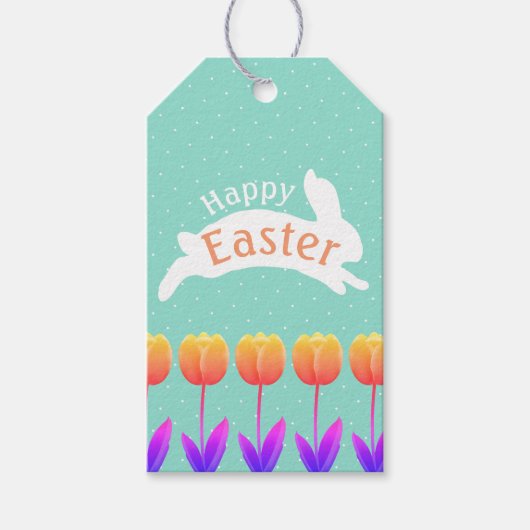 Oranje tulpen & konijn Happy Easter Cadeaulabel (Voorkant)