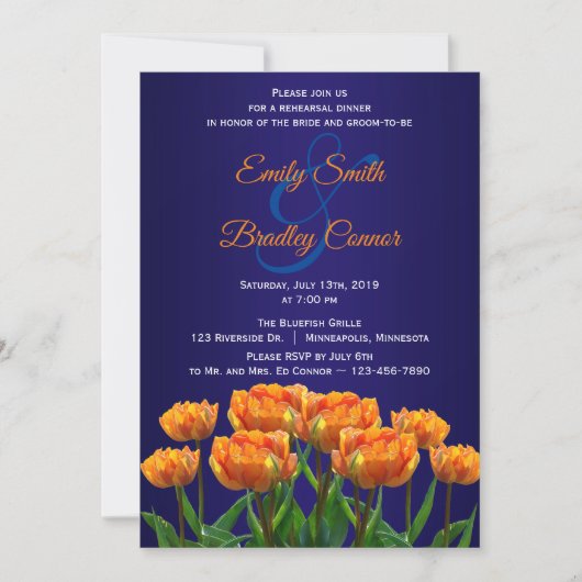 Oranje Tulpen op Navy Blue Custom Rehearsal Dinner Kaart (Voorkant)