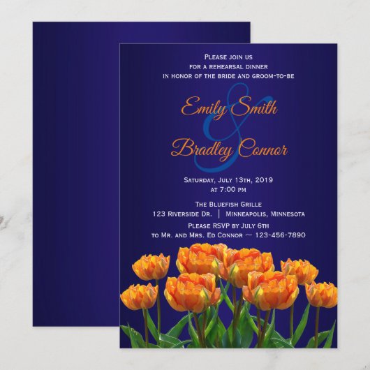 Oranje Tulpen op Navy Blue Custom Rehearsal Dinner Kaart (Voorkant / Achterkant)