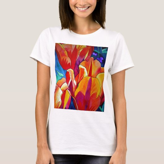 Oranje Tulps waterverf kunstbloem T-shirt (Voorkant)
