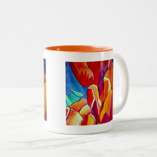 Oranje Tulps waterverf kunstbloem Tweekleurige Koffiemok (Voorkant rechts)