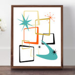 Oranje turquoise atoomsterren Boomerang Mideeuw Poster<br><div class="desc">Voeg die plons plezier en kleur toe aan je wand met dit fantastische atoomtijdperk midden-eeuws modern poster! Dit ontwerp is voorzien van abstracte vierkanten,  steruitbarstingen en een boemerang in de kleuren turquoise blauw,  sinaasappel,  crème,  goud en zwart... zo funky!</div>
