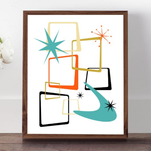 Oranje turquoise atoomsterren Boomerang Mideeuw Poster