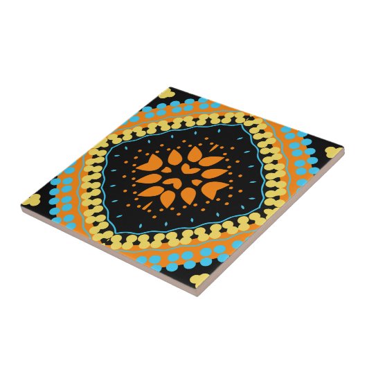 Oranje Turquoise Black Ethnic Oriental Boho Tegeltje (Zijkant)