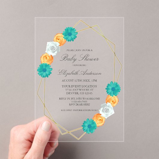 Oranje Turquoise Bloemige Geometrische Baby Shower Acryl Uitnodigingen (Insitu (Draagbaar))