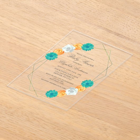 Oranje Turquoise Bloemige Geometrische Baby Shower Acryl Uitnodigingen (Laagn)