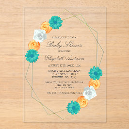Oranje Turquoise Bloemige Geometrische Baby Shower Acryl Uitnodigingen